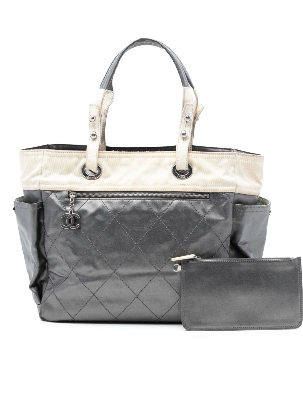 CHANEL Two-Tone Quilted Tote in Silver and Cream